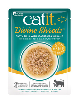 Divine Shreds, mokry przysmak, dla kota, tuńczyk dorada i glony Wakame , 75 g, saszetka